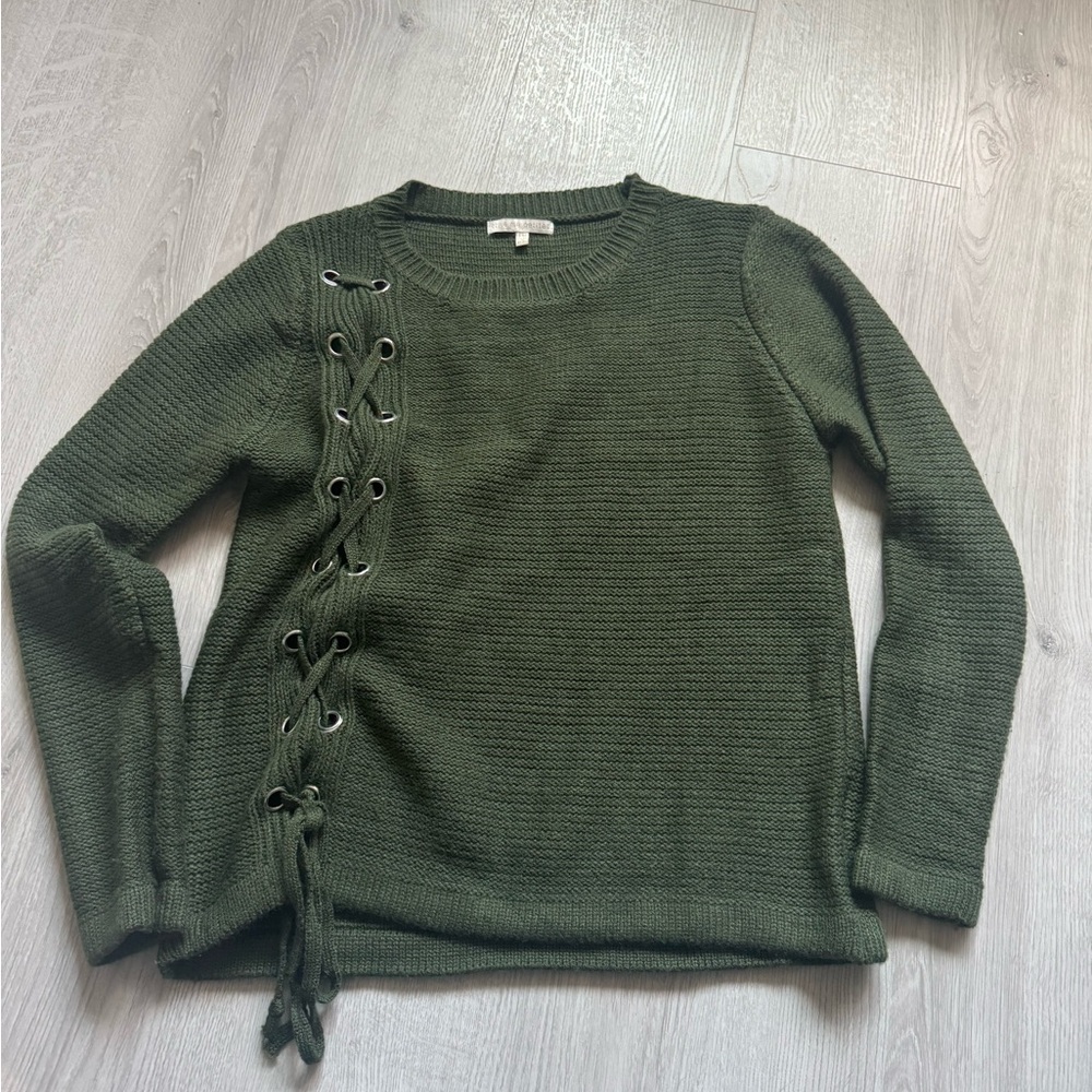 EUC Style Me Petite | Knit Green Sweater Lace Up Detail | Size PM